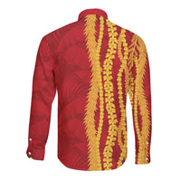 Hawaii Prince Kuhio Long Sleeve Button Shirt Red Hawaiian Lau Maia With Leis LT05 - Polynesian Pride
