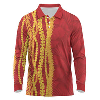 Hawaii Prince Kuhio Long Sleeve Polo Shirt Red Hawaiian Lau Maia With Leis LT05 Red - Polynesian Pride
