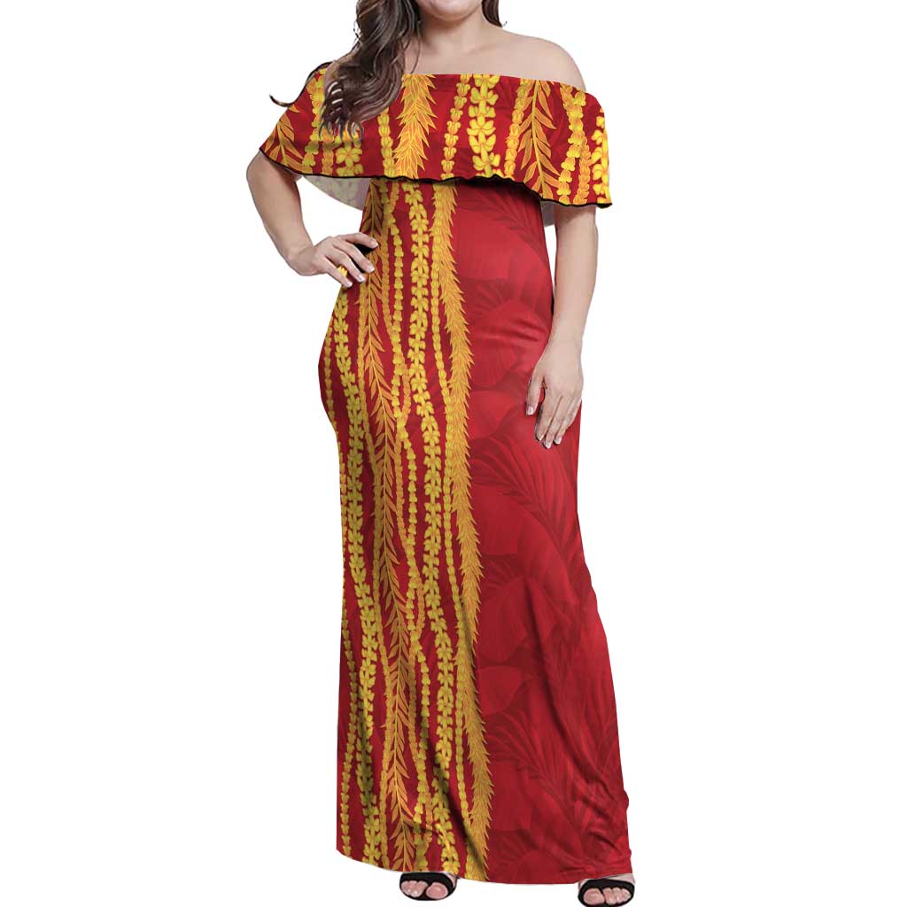 Hawaii Prince Kuhio Off Shoulder Maxi Dress Red Hawaiian Lau Maia With Leis LT05 Women Red - Polynesian Pride