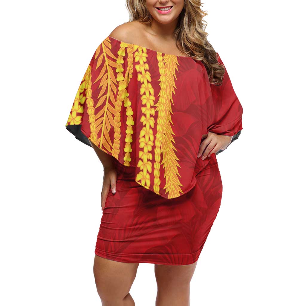 Hawaii Prince Kuhio Off Shoulder Short Dress Red Hawaiian Lau Maia With Leis
