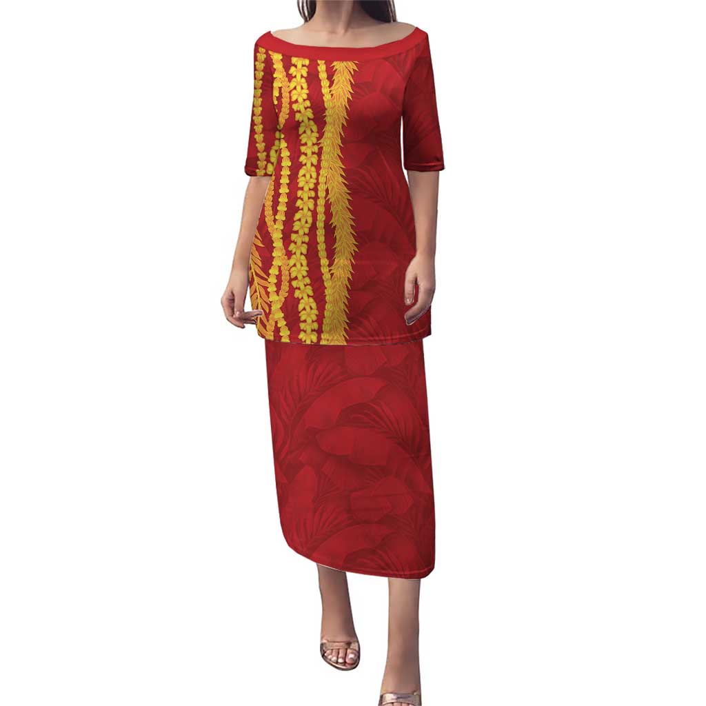 Hawaii Prince Kuhio Puletasi Red Hawaiian Lau Maia With Leis LT05 Long Dress Red - Polynesian Pride