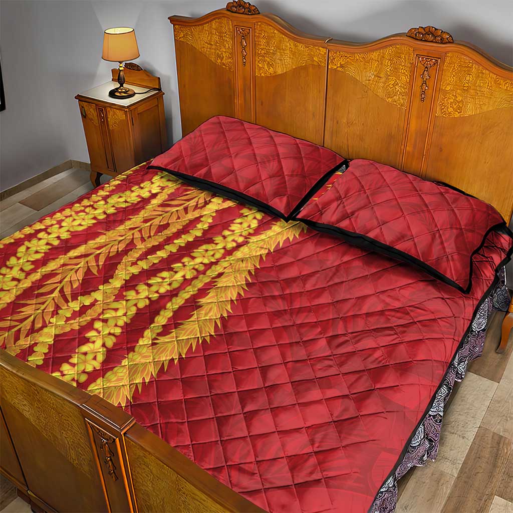 Hawaii Prince Kuhio Quilt Bed Set Red Hawaiian Lau Maia With Leis LT05 - Polynesian Pride