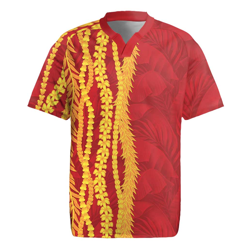 Hawaii Prince Kuhio Rugby Jersey Red Hawaiian Lau Maia With Leis LT05 Red - Polynesian Pride