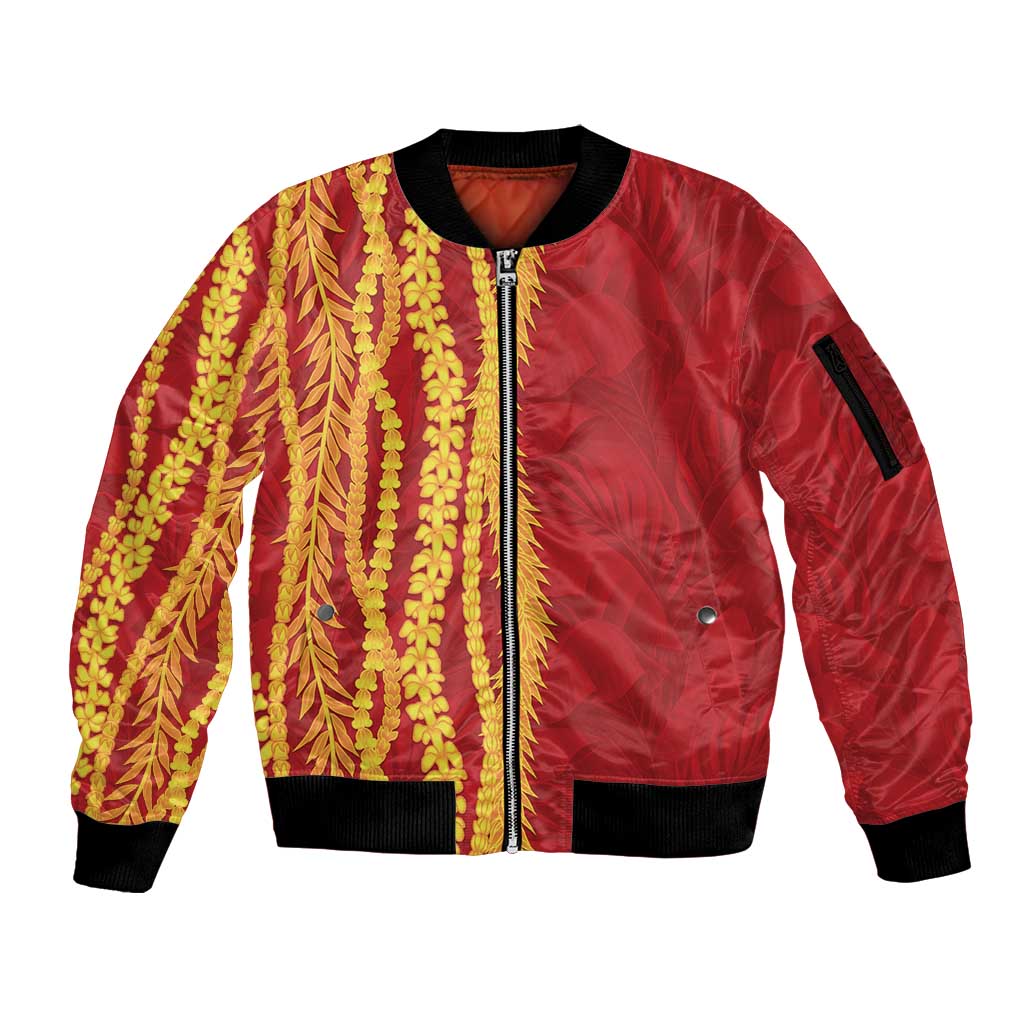 Hawaii Prince Kuhio Sleeve Zip Bomber Jacket Red Hawaiian Lau Maia With Leis LT05 Unisex Red - Polynesian Pride