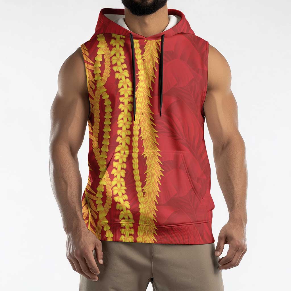 Hawaii Prince Kuhio Sleeveless Hoodie Red Hawaiian Lau Maia With Leis LT05 - Polynesian Pride