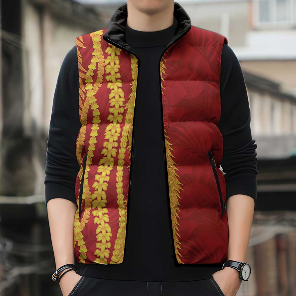 Hawaii Prince Kuhio Sleeveless Puffer Jacket Red Hawaiian Lau Maia With Leis LT05 - Polynesian Pride