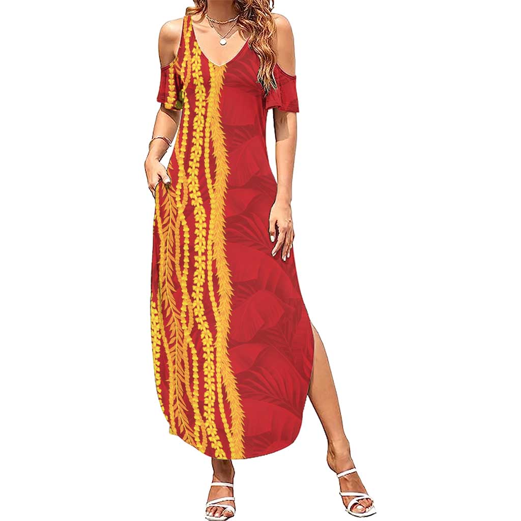 Hawaii Prince Kuhio Summer Maxi Dress Red Hawaiian Lau Maia With Leis LT05 Women Red - Polynesian Pride