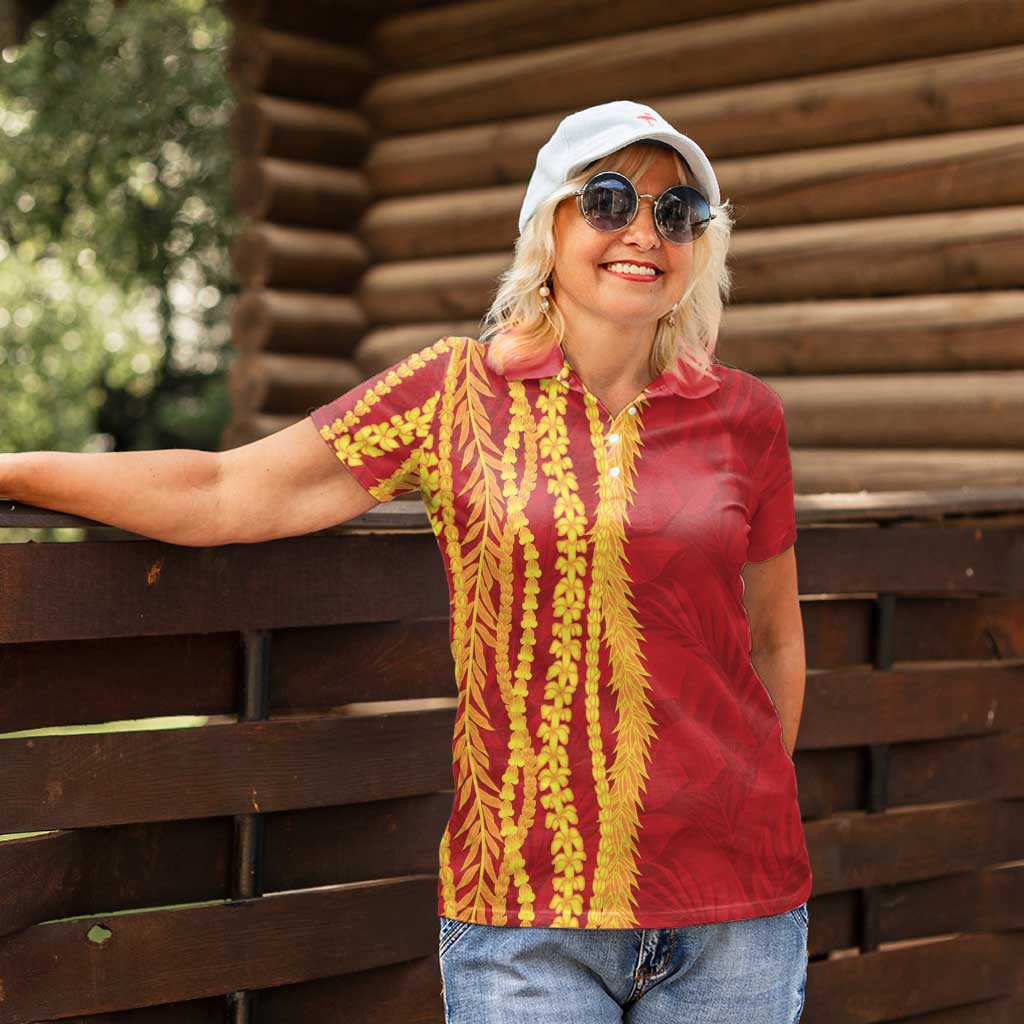 Hawaii Prince Kuhio Women Polo Shirt Red Hawaiian Lau Maia With Leis LT05 - Polynesian Pride