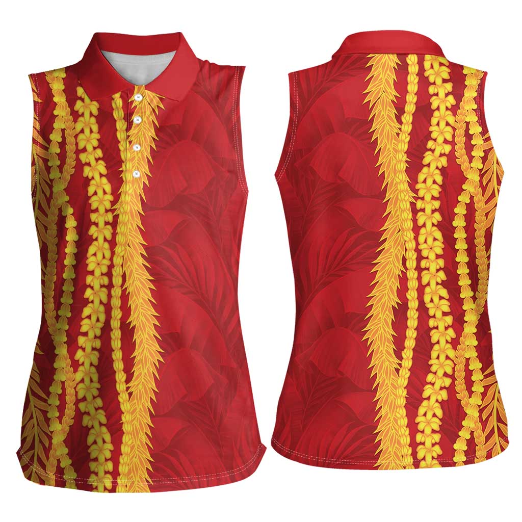 Hawaii Prince Kuhio Women Sleeveless Polo Shirt Red Hawaiian Lau Maia With Leis