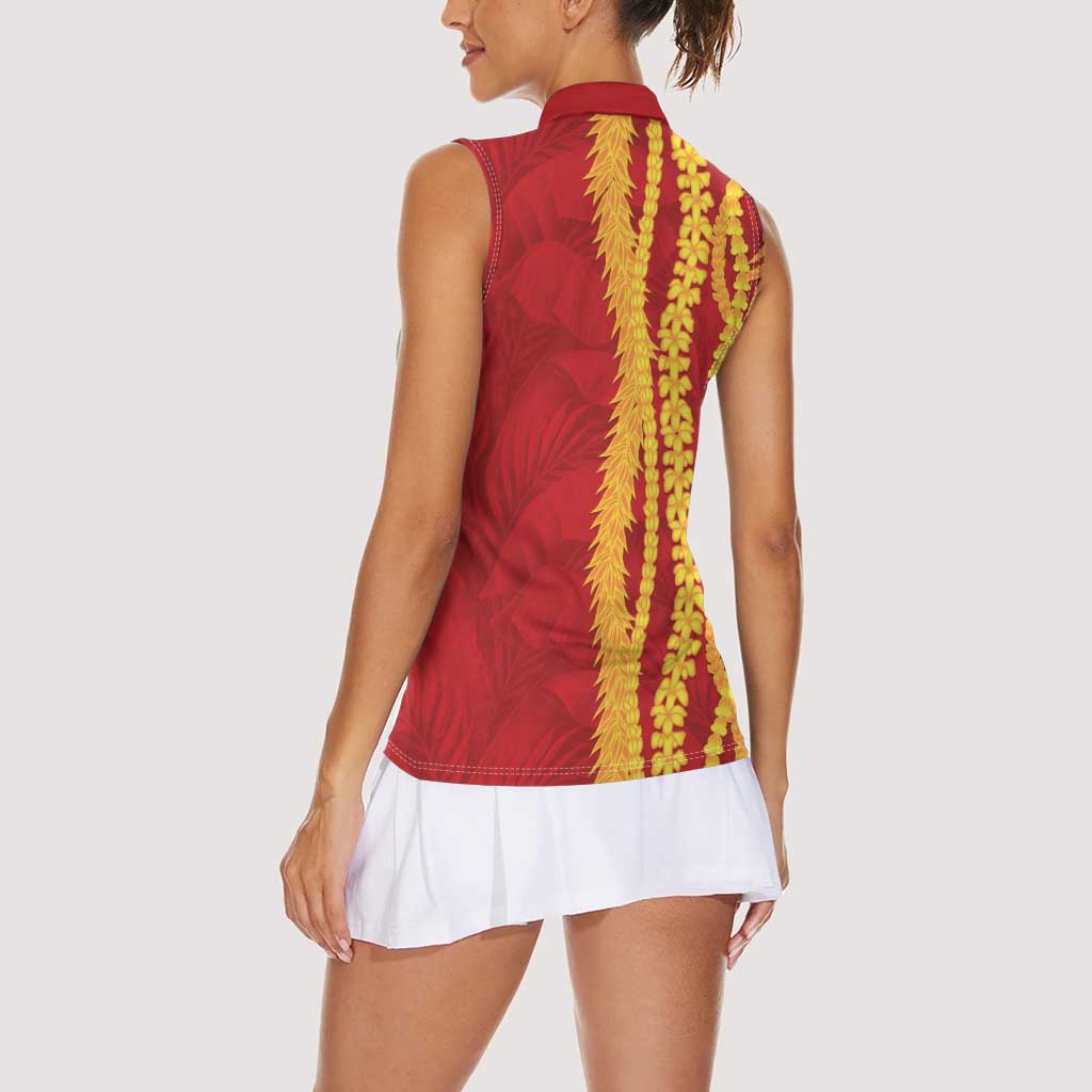 Hawaii Prince Kuhio Women Sleeveless Polo Shirt Red Hawaiian Lau Maia With Leis