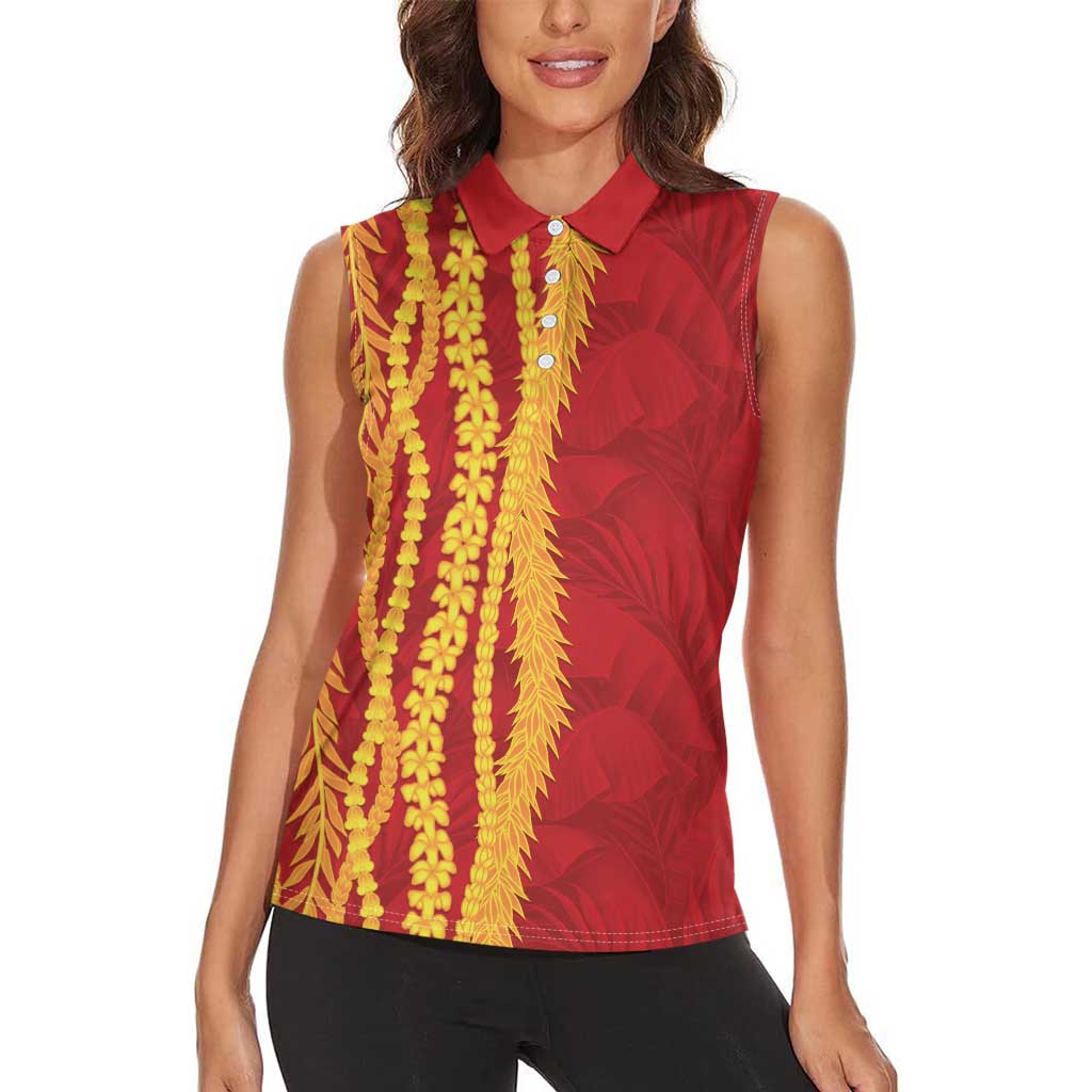 Hawaii Prince Kuhio Women Sleeveless Polo Shirt Red Hawaiian Lau Maia With Leis