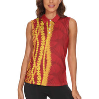 Hawaii Prince Kuhio Women Sleeveless Polo Shirt Red Hawaiian Lau Maia With Leis