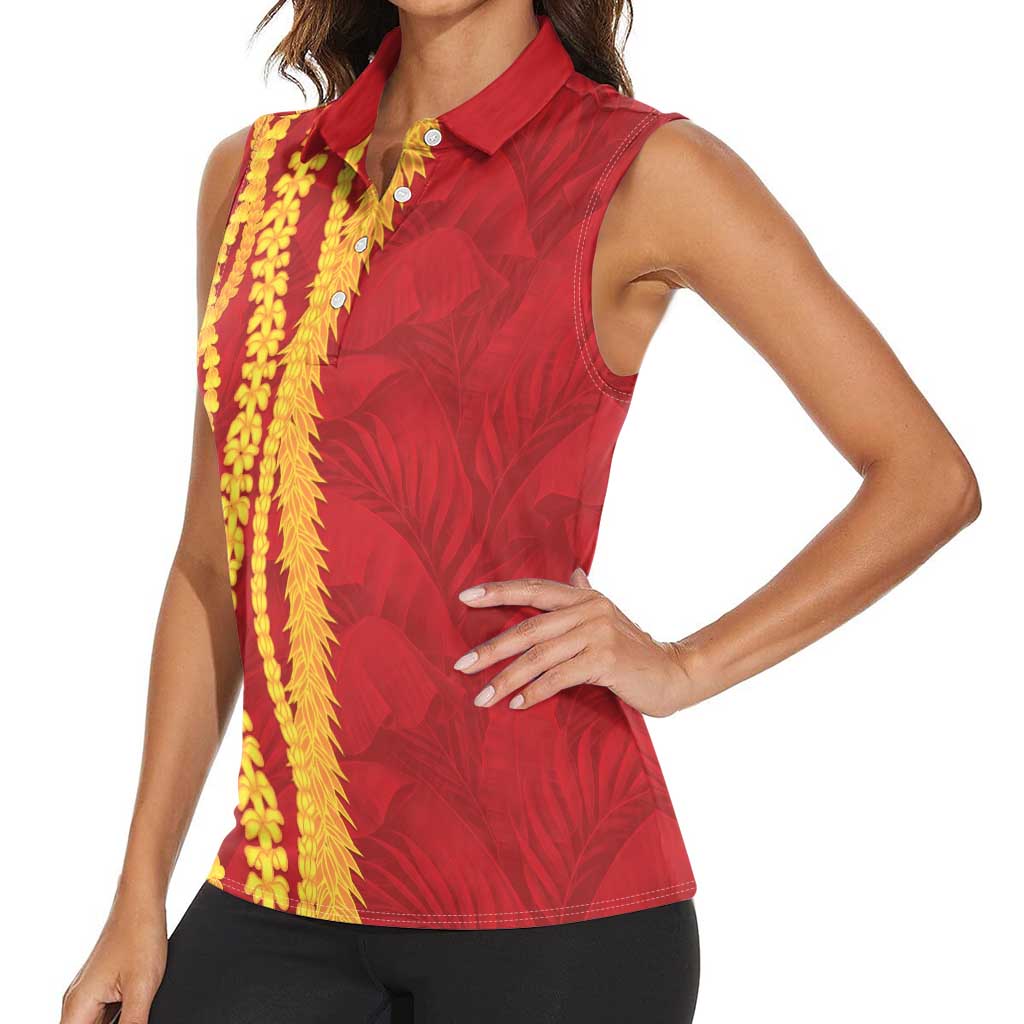 Hawaii Prince Kuhio Women Sleeveless Polo Shirt Red Hawaiian Lau Maia With Leis