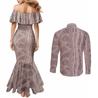 Hawaii Prince Kuhio Couples Matching Mermaid Dress and Long Sleeve Button Shirt Mocha Hawaiian Lau Maia With Leis