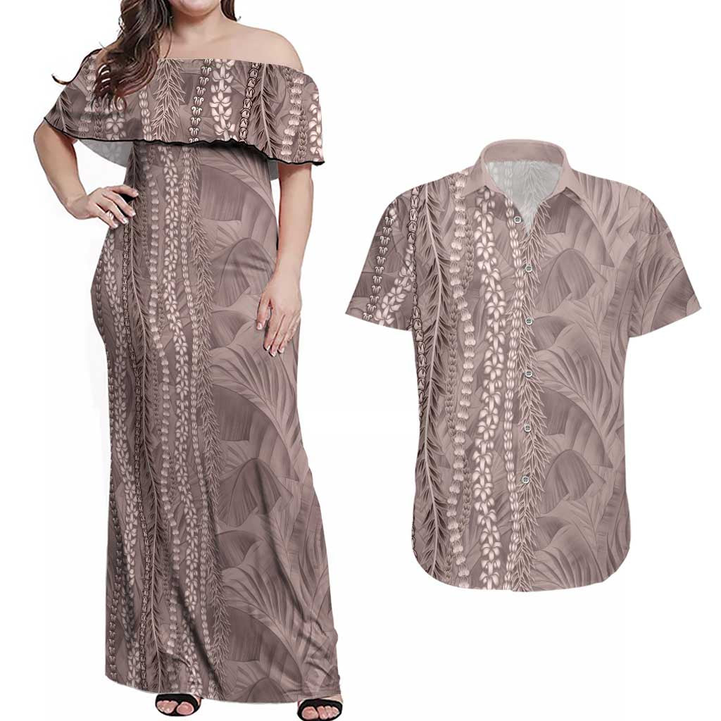Hawaii Prince Kuhio Couples Matching Off Shoulder Maxi Dress and Hawaiian Shirt Mocha Hawaiian Lau Maia With Leis