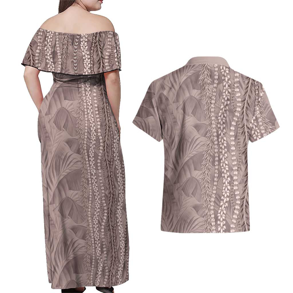 Hawaii Prince Kuhio Couples Matching Off Shoulder Maxi Dress and Hawaiian Shirt Mocha Hawaiian Lau Maia With Leis