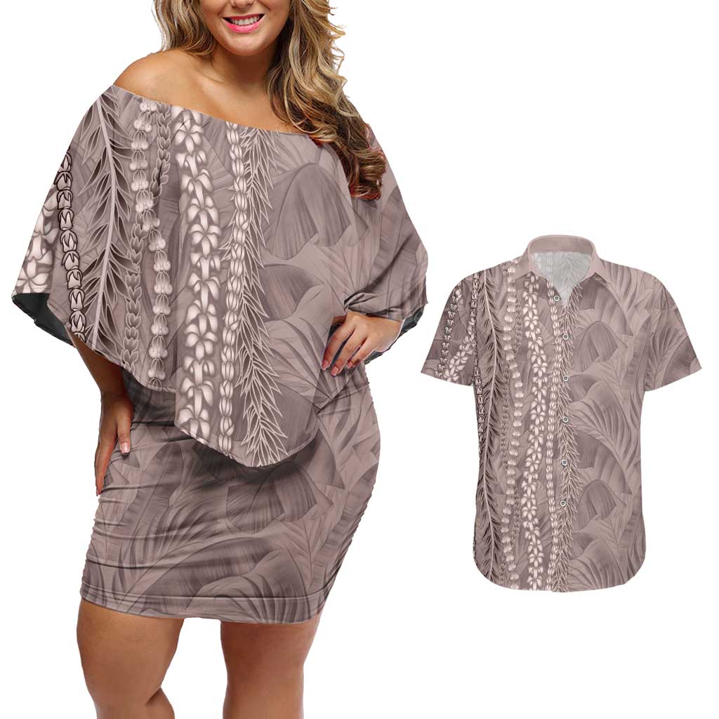Hawaii Prince Kuhio Couples Matching Off Shoulder Short Dress and Hawaiian Shirt Mocha Hawaiian Lau Maia With Leis
