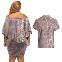 Hawaii Prince Kuhio Couples Matching Off Shoulder Short Dress and Hawaiian Shirt Mocha Hawaiian Lau Maia With Leis