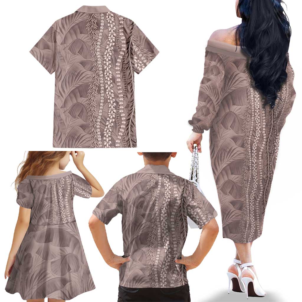 Hawaii Prince Kuhio Family Matching Off The Shoulder Long Sleeve Dress and Hawaiian Shirt Mocha Hawaiian Lau Maia With Leis