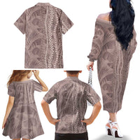 Hawaii Prince Kuhio Family Matching Off The Shoulder Long Sleeve Dress and Hawaiian Shirt Mocha Hawaiian Lau Maia With Leis