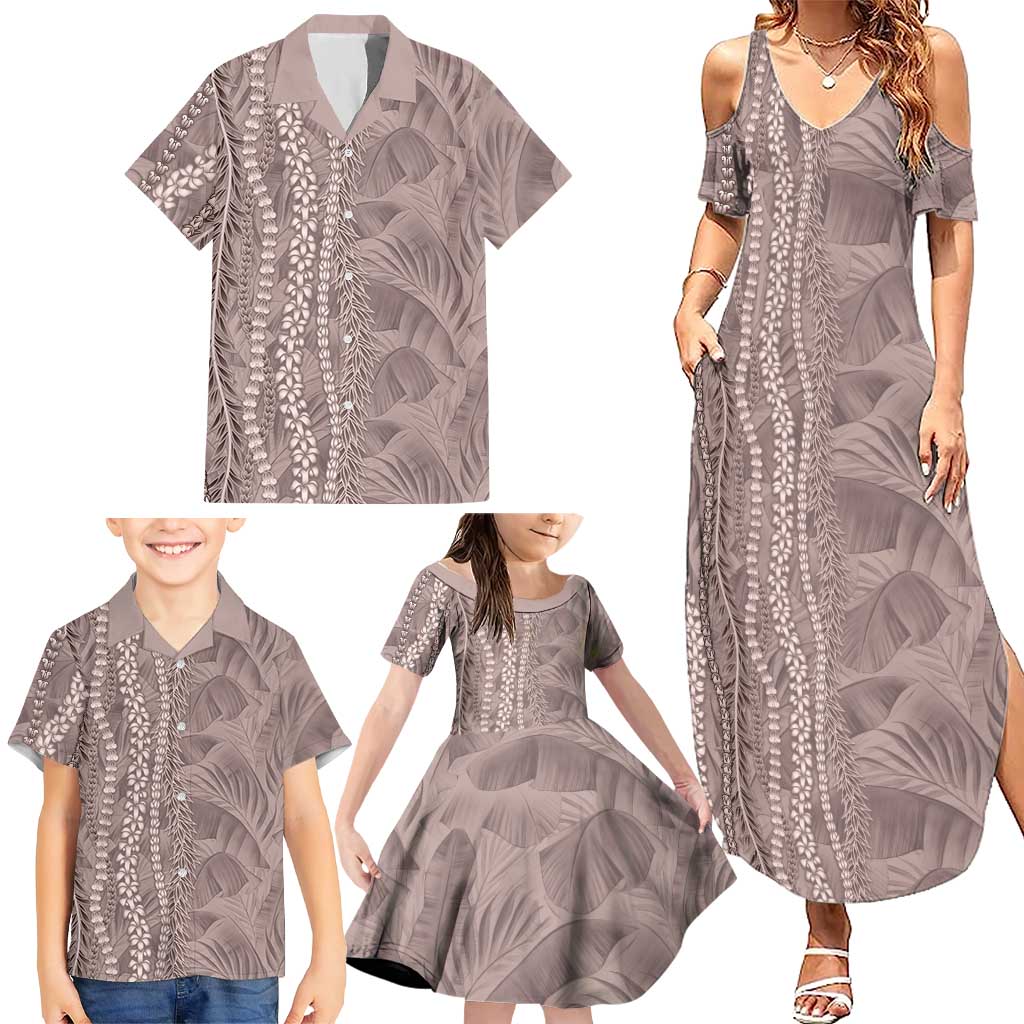 Hawaii Prince Kuhio Family Matching Summer Maxi Dress and Hawaiian Shirt Mocha Hawaiian Lau Maia With Leis