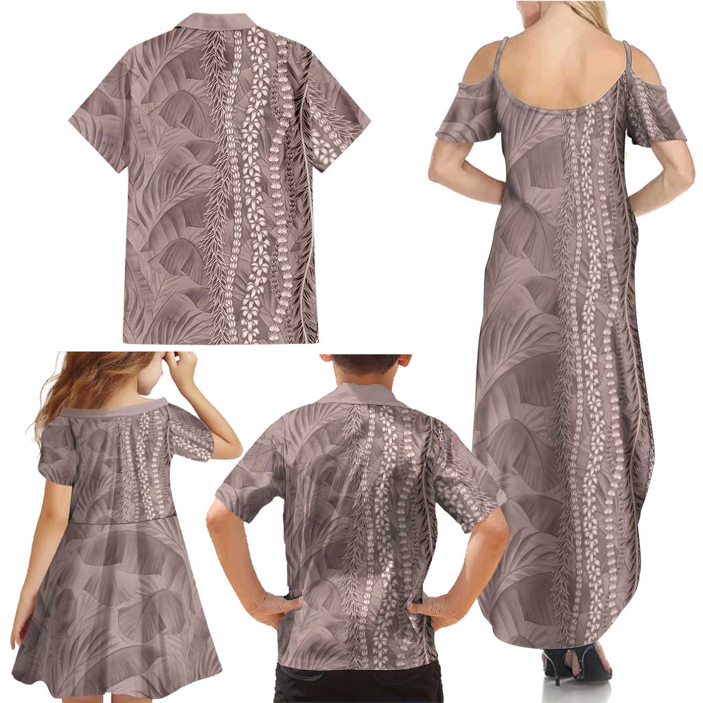 Hawaii Prince Kuhio Family Matching Summer Maxi Dress and Hawaiian Shirt Mocha Hawaiian Lau Maia With Leis