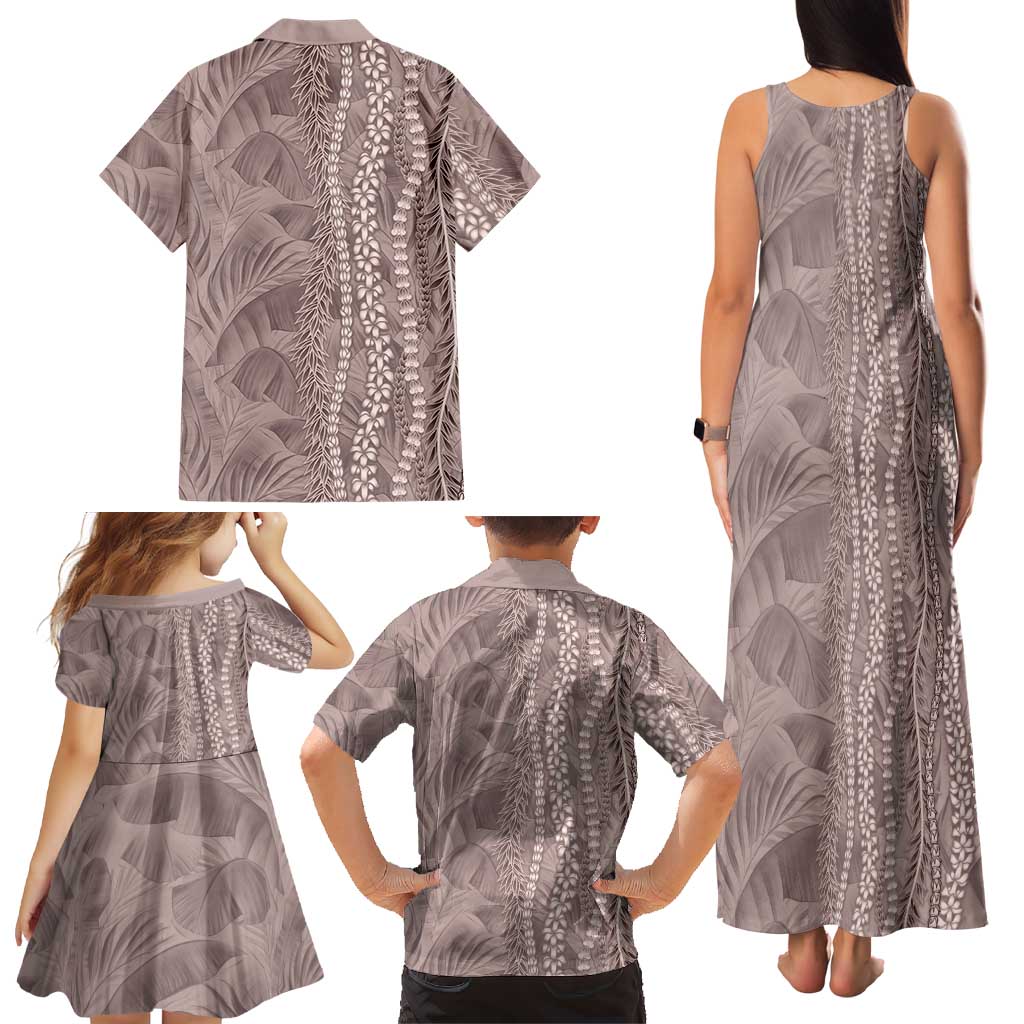 Hawaii Prince Kuhio Family Matching Tank Maxi Dress and Hawaiian Shirt Mocha Hawaiian Lau Maia With Leis