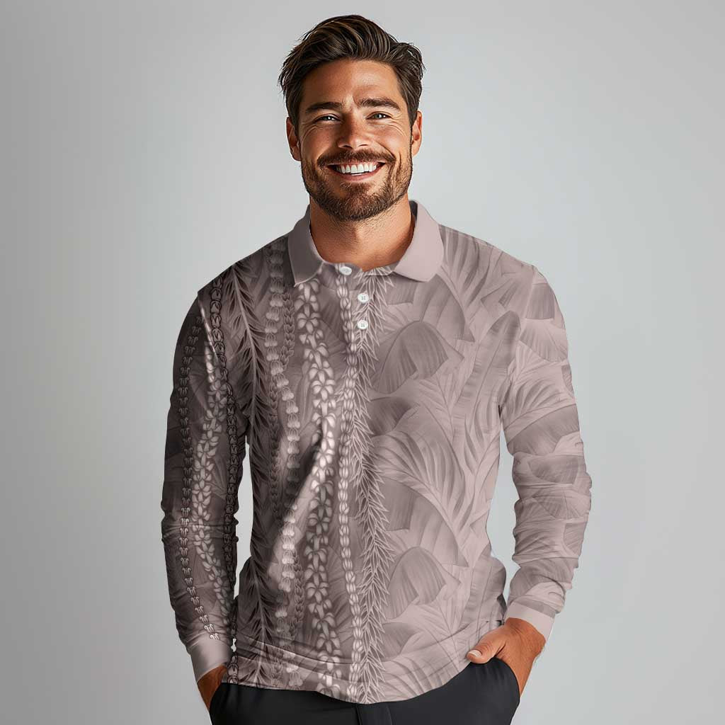 Hawaii Prince Kuhio Long Sleeve Polo Shirt Mocha Hawaiian Lau Maia With Leis LT05 - Polynesian Pride
