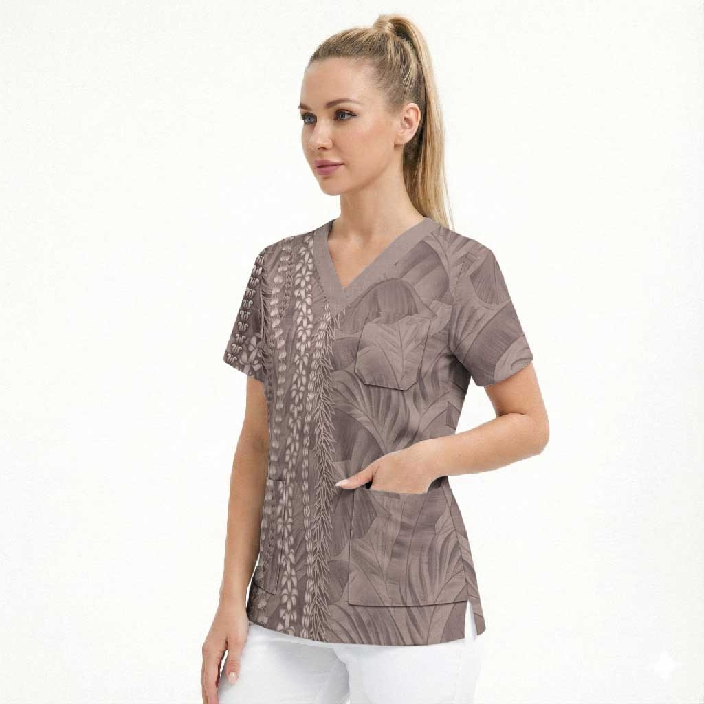 Hawaii Prince Kuhio Scrub Top Mocha Hawaiian Lau Maia With Leis LT05 - Polynesian Pride