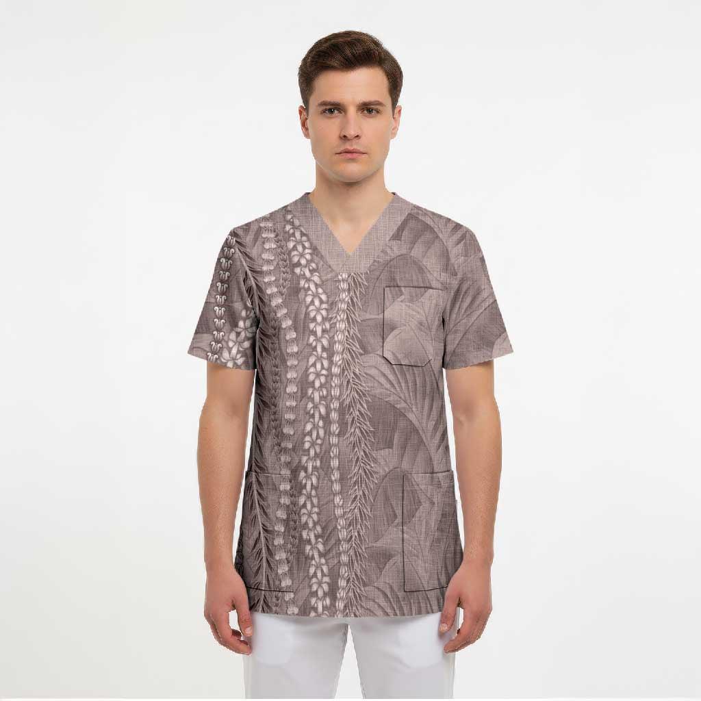 Hawaii Prince Kuhio Scrub Top Mocha Hawaiian Lau Maia With Leis LT05 - Polynesian Pride