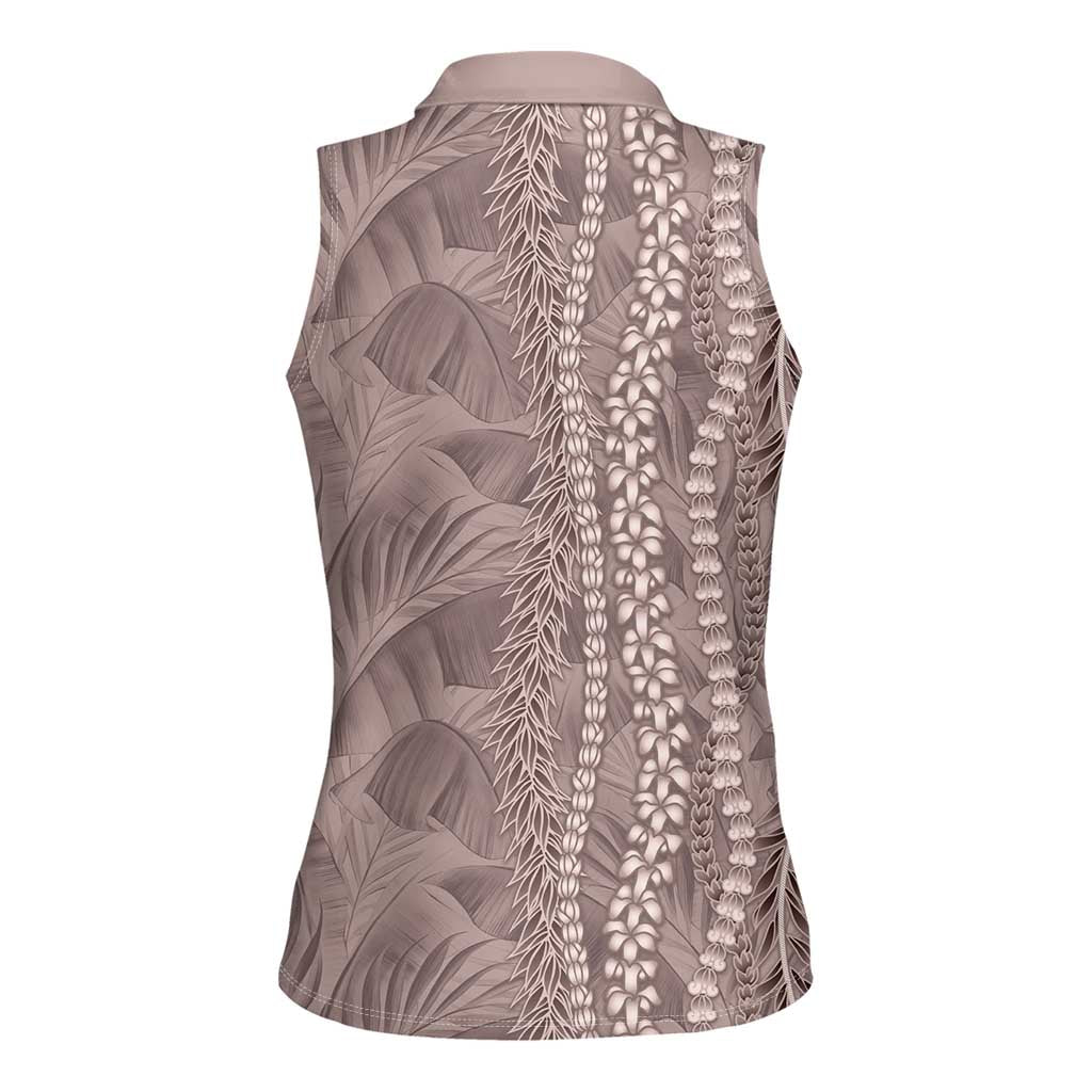 Hawaii Prince Kuhio Women Sleeveless Polo Shirt Mocha Hawaiian Lau Maia With Leis