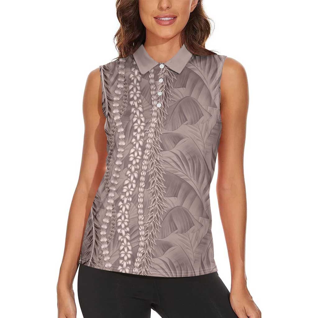 Hawaii Prince Kuhio Women Sleeveless Polo Shirt Mocha Hawaiian Lau Maia With Leis