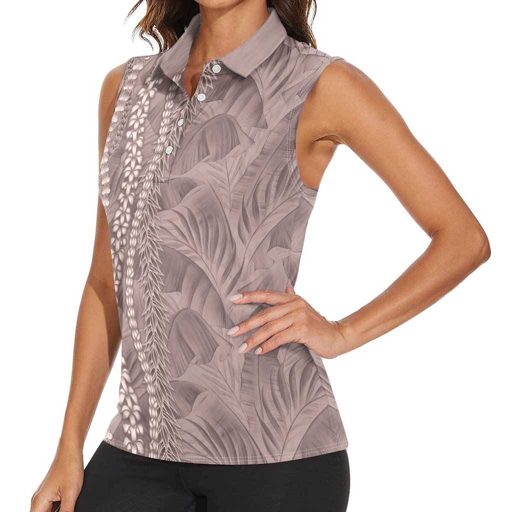 Hawaii Prince Kuhio Women Sleeveless Polo Shirt Mocha Hawaiian Lau Maia With Leis