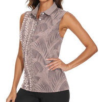 Hawaii Prince Kuhio Women Sleeveless Polo Shirt Mocha Hawaiian Lau Maia With Leis