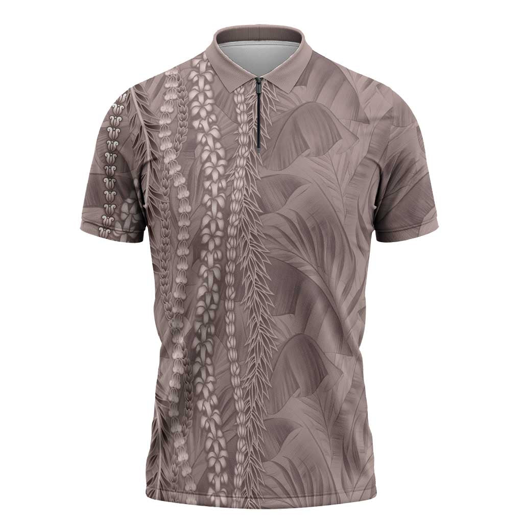 Hawaii Prince Kuhio Zipper Polo Shirt Mocha Hawaiian Lau Maia With Leis LT05 Mocha - Polynesian Pride