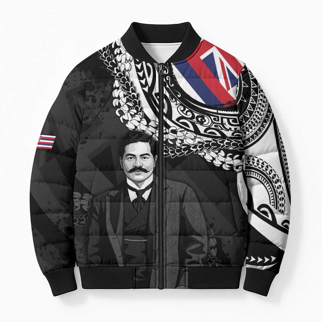 Personalised Hawaii Prince Kuhio Bomber Puffer Jacket Hawaiian Maile Lei LT05 Unisex Black - Polynesian Pride