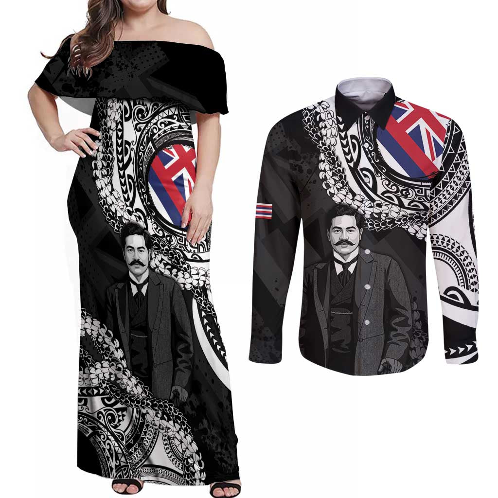 Personalised Hawaii Prince Kuhio Couples Matching Off Shoulder Maxi Dress and Long Sleeve Button Shirt Hawaiian Maile Lei LT05 Black - Polynesian Pride
