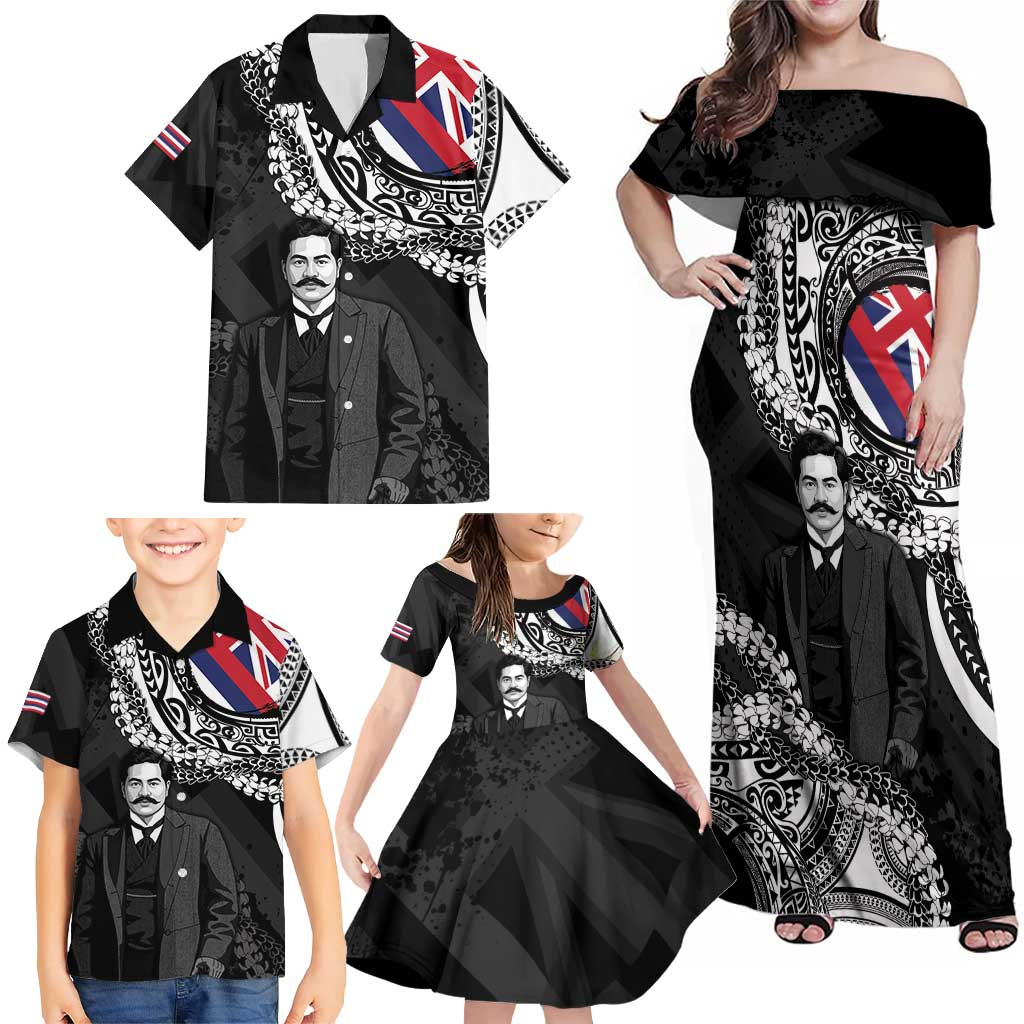 Personalised Hawaii Prince Kuhio Family Matching Off Shoulder Maxi Dress and Hawaiian Shirt Hawaiian Maile Lei