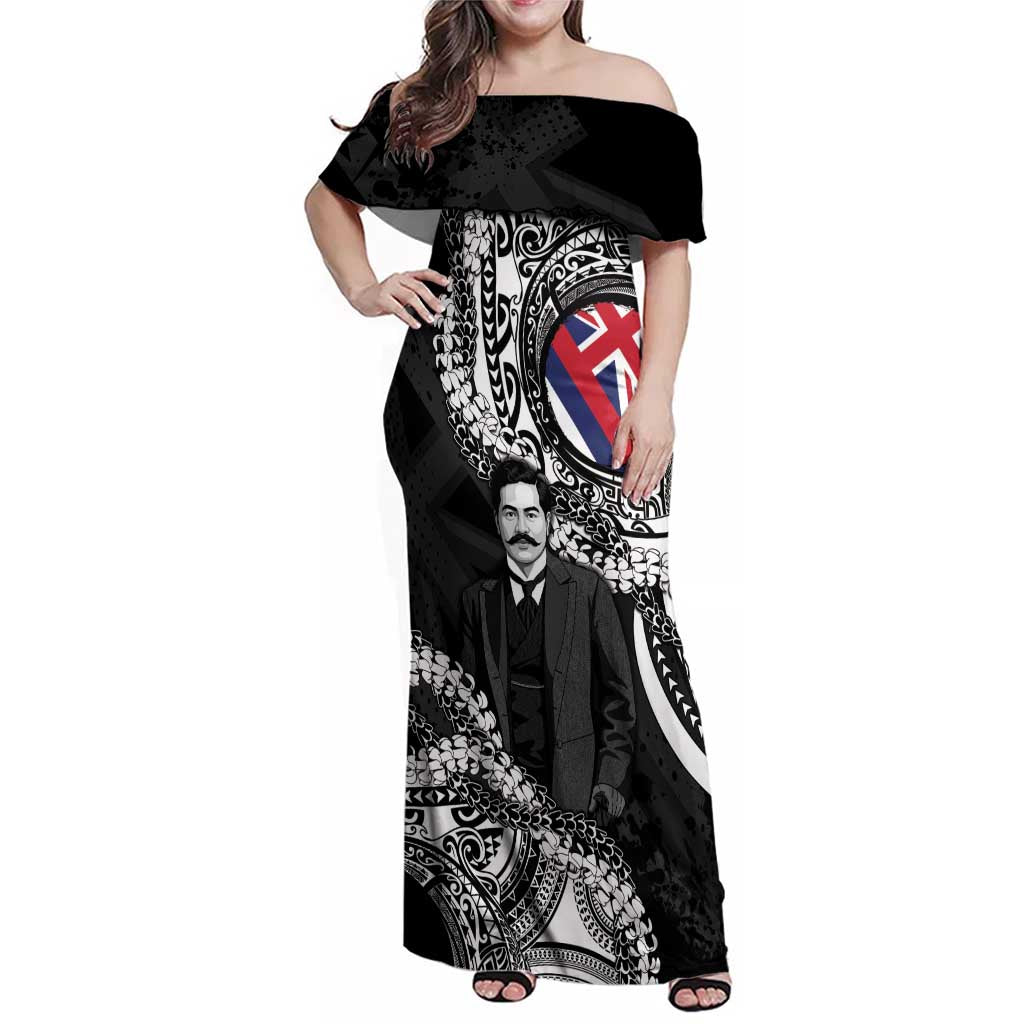 Personalised Hawaii Prince Kuhio Family Matching Off Shoulder Maxi Dress and Hawaiian Shirt Hawaiian Maile Lei