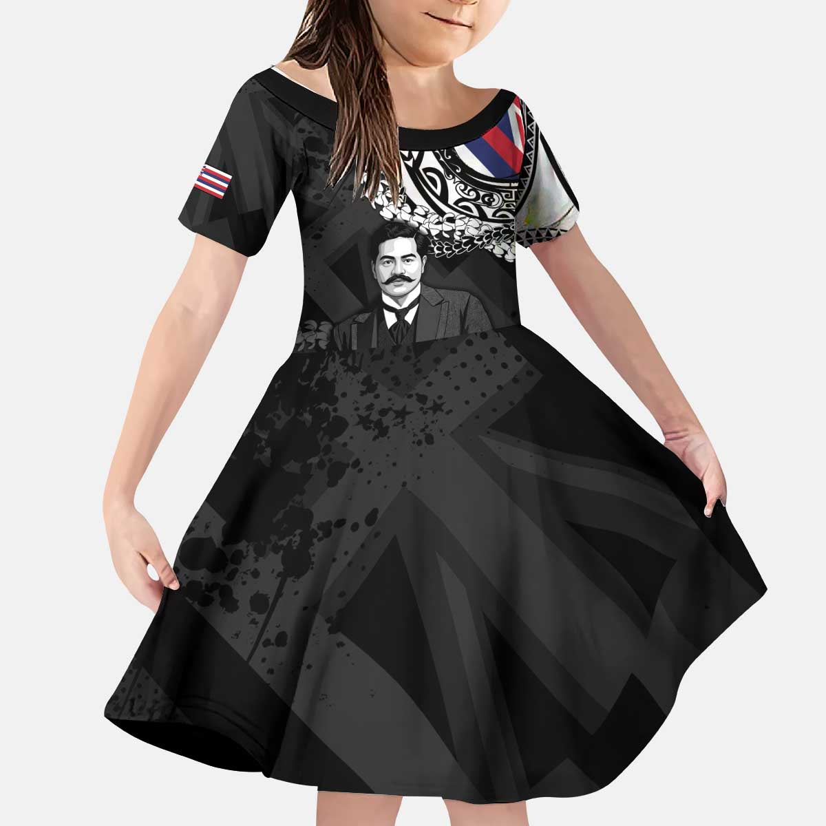 Personalised Hawaii Prince Kuhio Kid Short Sleeve Dress Hawaiian Maile Lei LT05 KID Black - Polynesian Pride