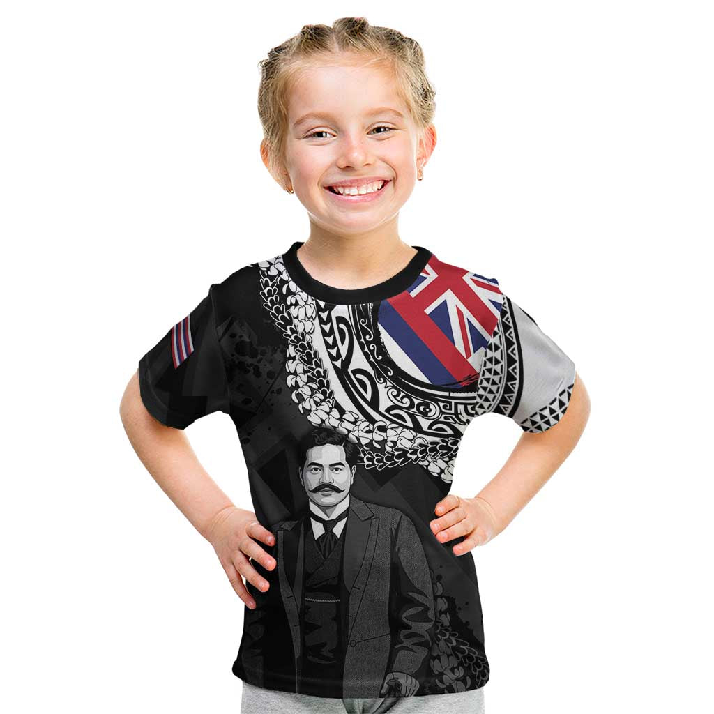 Personalised Hawaii Prince Kuhio Kid T Shirt Hawaiian Maile Lei LT05 Black - Polynesian Pride
