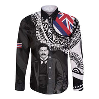 Personalised Hawaii Prince Kuhio Long Sleeve Button Shirt Hawaiian Maile Lei LT05 Unisex Black - Polynesian Pride