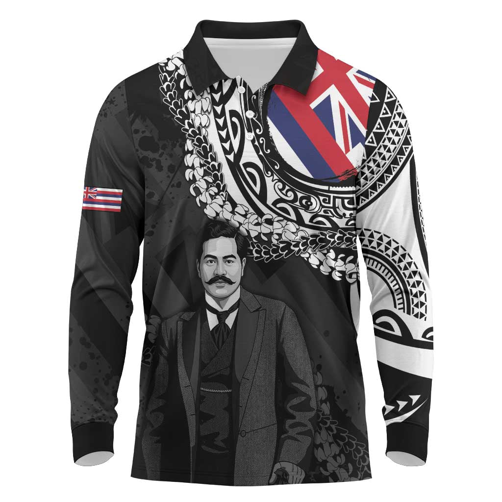 Personalised Hawaii Prince Kuhio Long Sleeve Polo Shirt Hawaiian Maile Lei LT05 Black - Polynesian Pride