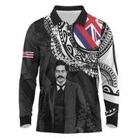 Personalised Hawaii Prince Kuhio Long Sleeve Polo Shirt Hawaiian Maile Lei LT05 Black - Polynesian Pride