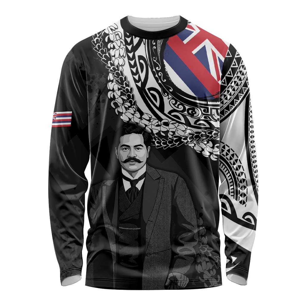 Personalised Hawaii Prince Kuhio Long Sleeve Shirt Hawaiian Maile Lei LT05 Unisex Black - Polynesian Pride