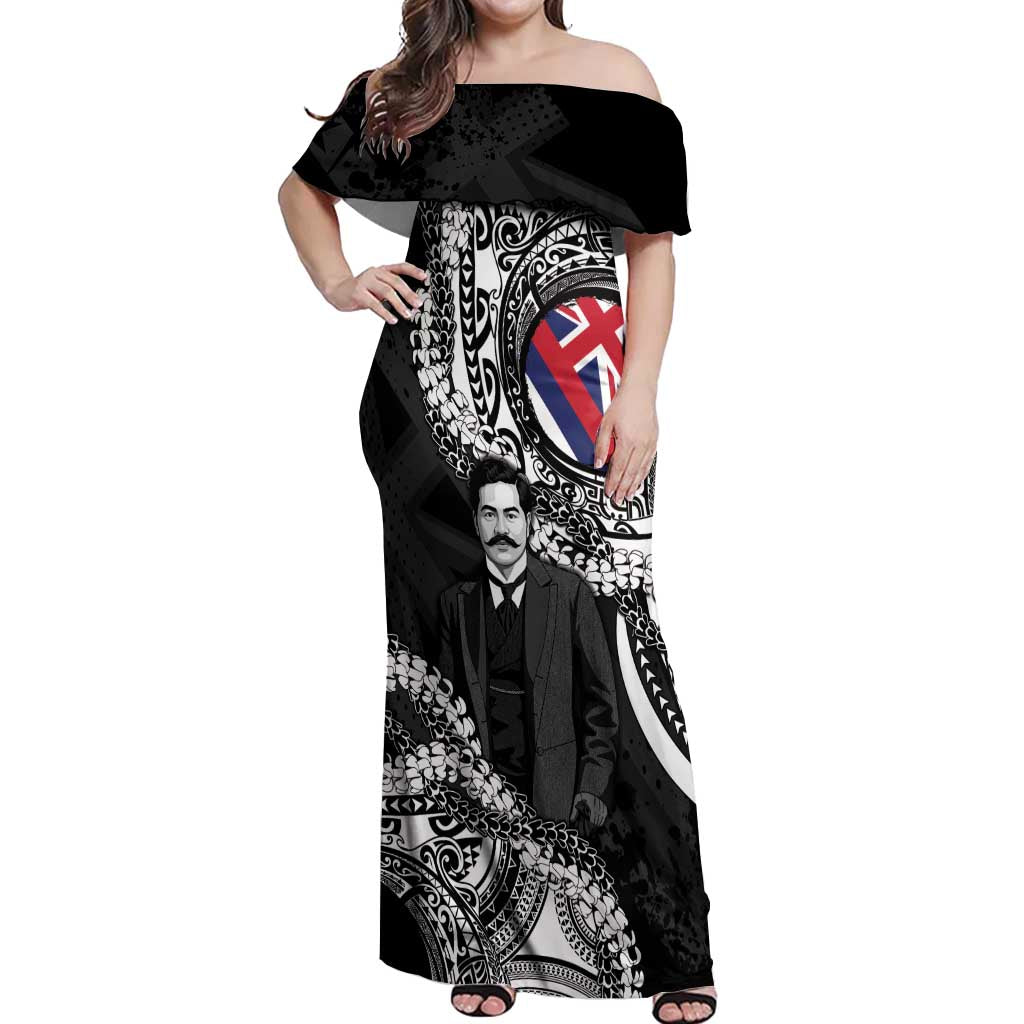 Personalised Hawaii Prince Kuhio Off Shoulder Maxi Dress Hawaiian Maile Lei LT05 Women Black - Polynesian Pride