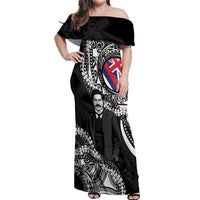 Personalised Hawaii Prince Kuhio Off Shoulder Maxi Dress Hawaiian Maile Lei LT05 Women Black - Polynesian Pride