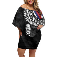 Personalised Hawaii Prince Kuhio Off Shoulder Short Dress Hawaiian Maile Lei LT05 Women Black - Polynesian Pride