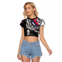 Personalised Hawaii Prince Kuhio Raglan Cropped T Shirt Hawaiian Maile Lei LT05 Female Black - Polynesian Pride