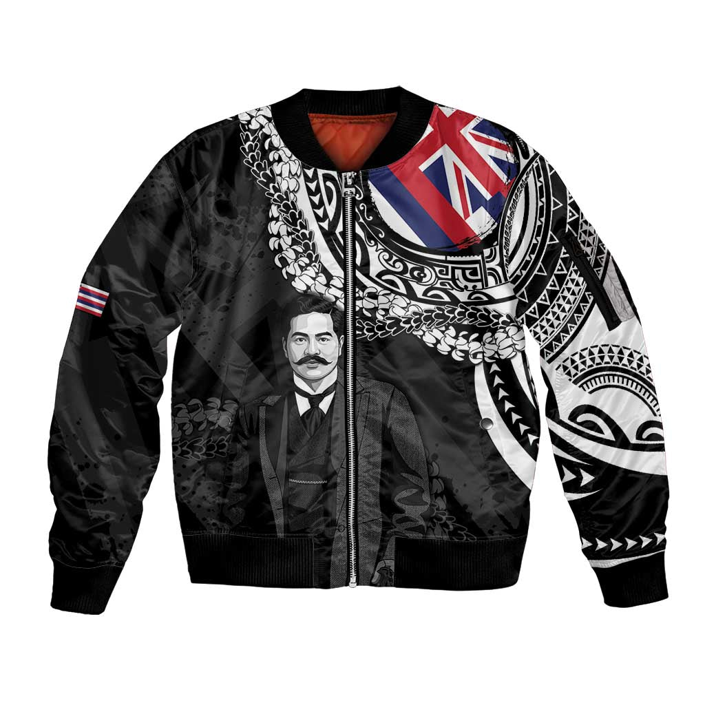Personalised Hawaii Prince Kuhio Sleeve Zip Bomber Jacket Hawaiian Maile Lei LT05 Unisex Black - Polynesian Pride